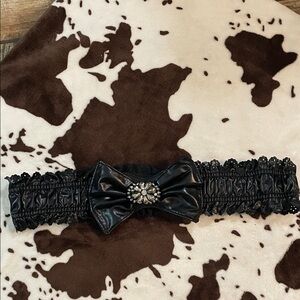 Elegant Faux Leather Rhinestones Black Lace Ruffled Eyelet Bow Belt 35"L
